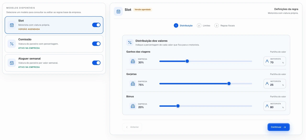 Configure a distribuição dos ganhos, gorjetas e bónus entre a empresa e o motorista.